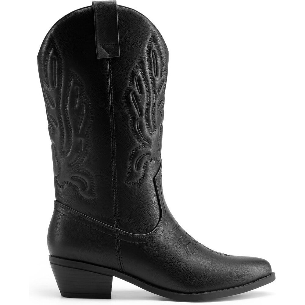 Women's Black Mid Calf Western Embroidery Stitched Faux Leather Cowgirl Boots - Picture 2 of 8